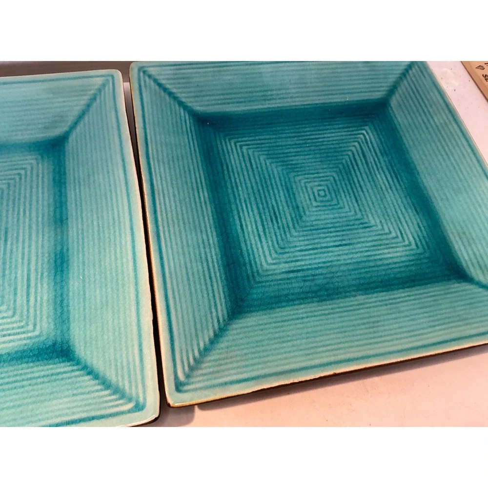 Home Zazen Turquoise Reactive Glaze Square Dinner Plates Set 2 Stoneware 10.5in